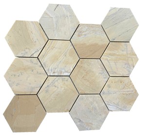 Mosaico hexagonal de 4 pulgadas en blanco, beige, amarillo limón y gris claro, mármol pulido moderno para pared interior de baño, resistente al agua. - Product Image 2