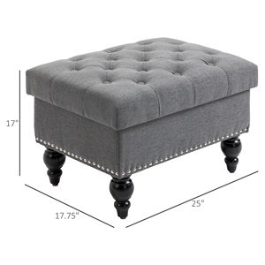 Pouf in Tessuto Trapuntato Grigio da 25 Pollici con Coperchio Rimovibile e Gambe in Legno, Panca con Bottoni per Casa, Ufficio o Ingresso, Poggiapiedi Rettangolare - Product Image 3