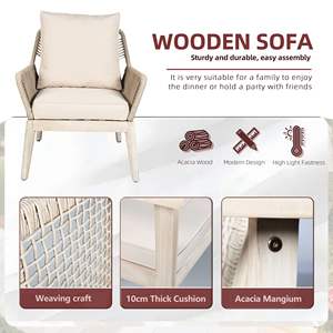 Acacia Wood 4-Piece Outdoor Patio Furniture Set Solid Wood <b>Bench</b> 2 Single <b>Chairs</b> Thick Cushions Coffee <b>Table</b> Included Model - Product Image 4