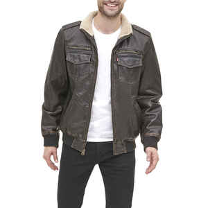 Blouson Bomber Homme Marron en Cuir PU Doublé Sherpa Zippé Hiver Style Moto Épais Coupe-Vent - Product Image 2