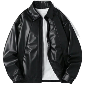 Veste en cuir PU noire pour homme, fermeture éclair sur le devant, col rabattable, coupe classique, vêtement d'automne, couleur unie - Product Image 2