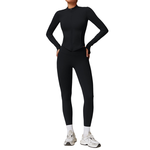 Femmes élégantes à manches longues Fitness Activewear fermeture éclair haut bout à bout pantalons de Yoga avec motif solide Gym Sportswear Leggings ensembles - Product Image 1