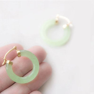 Handmade Gold Jade Donut Hoop Earrings <b>Light</b> Green <b>Circle</b> Minimalist Boho Healing Jewelry Gift - Product Image 1