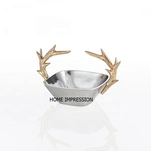Bol à poignée en bois de cerf doré en métal de la plus haute qualité en acier inoxydable bol de service parfait pour servir des fruits secs - Product Image 1