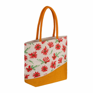 Jute Shopping <b>Bag</b> <b>Medium</b> <b>Size</b> Red Flower Pattern Orange Handle Reusable Tote for Groceries - Product Image 1