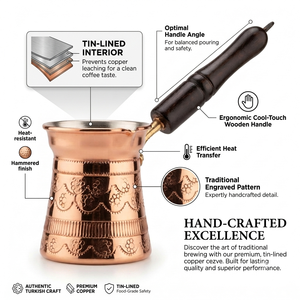 Cafetera Turca de Cobre con Grabado Floral a Mano y Borde Festoneado, Cezve con Asa de Madera, Tradicional para Estufa, Briki Griega, Ibrik - Product Image 2