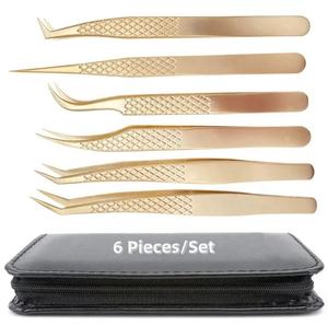 Pince à épiler professionnelle pour extensions de cils en acier inoxydable doré, légère, avec étui en cuir - Product Image 1