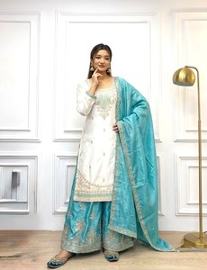 Costume en coton brodé avec travail de miroir pour femmes, tenue traditionnelle indienne et pakistanaise pour mariage, longueur cheville, coupe classique - Product Image 3