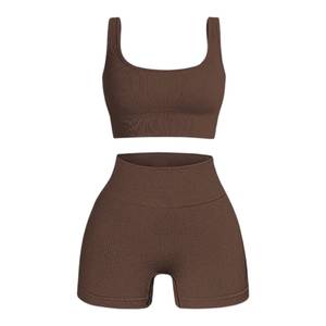 Ensemble de vêtements de sport pour femmes, 2 pièces, côtelé, haut court sans manches, short taille haute, respirant, antistatique, coupe ajustée, toutes saisons - Product Image 3