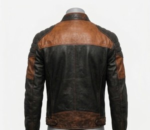 Veste moto en cuir véritable pour homme, coupe ajustée, col montant, fermeture éclair, style automne - Product Image 3