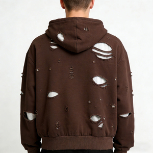 Sudadera con capucha y cremallera para hombre, marrón, desgastada, estilo oversize, de algodón French Terry, manga regular, estilo streetwear. - Product Image 3