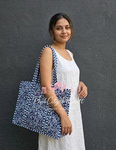 Elegant Indigo Hand Block Printed Cotton Bohemian Tote Bag Kantha Quilting Striped Handles Open High Quality <b>Shoulder</b> <b>Straps</b> - Product Image 2
