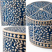 Boîte de rangement cylindrique artisanale avec incrustation bleue, décoration d'intérieur, organisateur, vente en gros, OEM, ODM, sur mesure
