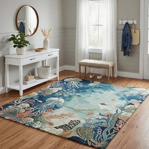 Tapis d'intérieur sur le thème marin, design tortue de mer, méduse, corail, tapis tufté à la main, tapis de salon côtier, décoration de sol moderne inspirée de l'océan - Product Image 5