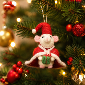 Handcrafted <b>Wool</b> Mouse Christmas Ornament Red Santa Hat Green Gift Indoor Decor Traditional Style 3.9in Height - Product Image 1