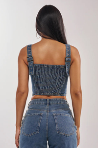Ensemble 2 pièces en jean pour femme, style Y2K, décoré de rivets, crop top sans bretelles et short, sans manches, pour le printemps et l'été - Product Image 4