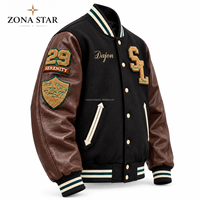 ZONA STAR Blouson universitaire unisexe en laine avec manches en cuir véritable marron foncé, patch brodé, réversible, doublure polaire, col montant