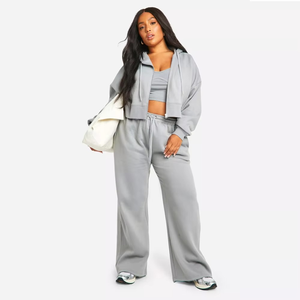 Women's Autumn Grey Fleece Anti-Bacterial Hoodies & Crop Top with Wide Leg <b>Pants</b> Tracksuit Set Stylish Athleisure Loungewear - Product Image 4