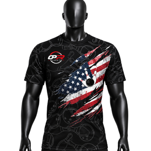 เสื้อโบว์ลิ่งลำลองแขนสั้นสำหรับผู้ชาย ORVO SPORTS ผ้าเทอร์รี่ พิมพ์ลายแบบซับลิเมชั่น แห้งเร็ว ระบายอากาศได้ดี ผลิตจากโพลีเอสเตอร์ 100% สีดำ สไตล์อเมริกัน - Product Image 1