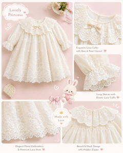 Robe élégante en dentelle blanche pour bébé fille avec col festonné |   Robe de baptême et de fête pour petite fille - Product Image 3