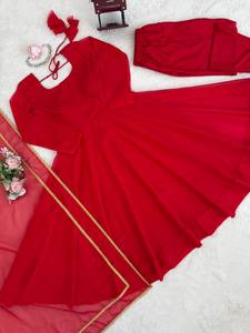 Luxury Plain <b>Red</b> Organza Lehenga Choli Gold Lace Border Dupatta Indian Wedding Party Wear Flared <b>Saree</b> Set Pakistani Dress - Product Image 4