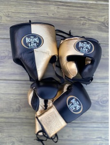 No Boxing No Life Boxing <b>Gloves</b> Headgear Set Black Gold Leather Lace-Up Adjustable Wrist Strap Adult Boxing Gear - Product Image 1