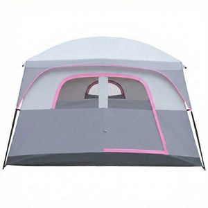Tente de camping familiale luxueuse pour 6 personnes, double couche, imperméable et coupe-vent, avec 1 porte en maille et 5 grandes fenêtres en maille, installation facile - Product Image 2