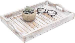 Bandeja de madera blanqueada para servir el desayuno con asas recortadas y diseño de listones, bandeja para mesa de centro o otomana. - Product Image 1