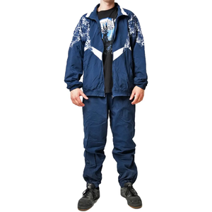 Ensemble de survêtement sportif pour homme, bleu marine imprimé, avec fermeture éclair intégrale, pantalon de jogging et veste en polyester à séchage rapide avec poches latérales - Product Image 1