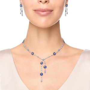 Collier avec pendentif fleur pour femme, en argent 925 plaqué rhodium, chaîne à perles saphir, bijoux romantiques pour mariage - Product Image 3