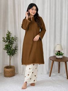 Women Brown Cotton <b>Kurti</b> With Heart Print Palazzo Set Casual Loose Fit Ankle Length <b>Indian</b> Pakistani Style All Seasons Wear - Product Image 2