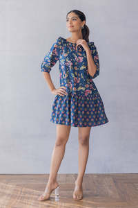 Robe courte à imprimé floral, coupe évasée, col à volants, manches bouffantes, coupe ample, robe d'été décontractée pour femmes, viscose, polyester, tissé - Product Image 3