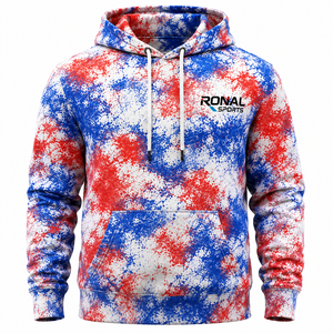 Sweat-shirt à capuche pour homme RONAL SPORTS, imprimé rouge, bleu et blanc, coupe classique, pull décontracté avec poche avant et capuche à cordon - Product Image 1