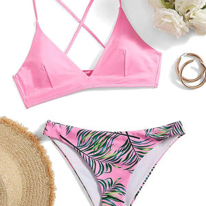 Women's Pink Tropical Leaf Print Bikini Set Crossback Halter Top <b>Thong</b> Bottom 2 Piece Swimwear Stretch Fabric Embroidery - Product Image 5