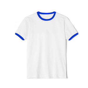 White Men's <b>Short</b> <b>Sleeve</b> T-Shirt With Blue Contrast Trim O-Neck Regular Fit Casual Solid Color Knitted Cotton - Product Image 1