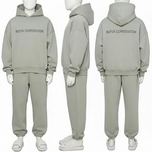 Survêtement streetwear pour homme, coupe droite, à capuche, uni, grande taille, 100% coton, avec joggers amples, délavé à l'acide, personnalisable - Product Image 1