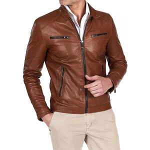 Chaqueta de Moto Casual para Hombre, de Cuero Genuino Marrón, con Cuello Alto, Cierre de Cremallera, Corte Ajustado, Manga Regular, Color Sólido, para Invierno - Product Image 2