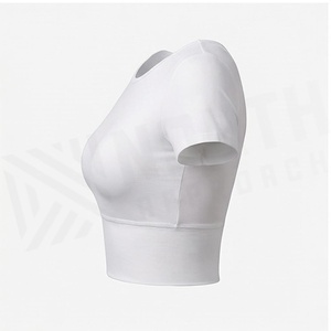 Haut court à col rond et manches courtes, blanc uni, en spandex et polyester respirant, vêtements de yoga, vêtements de sport pour femmes - Product Image 3