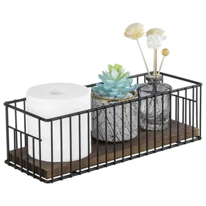 Cesta de Alambre Metálico Industrial con Base de Madera, Bandeja Decorativa Rectangular para Almacenamiento y Exhibición en el Hogar - Product Image 4