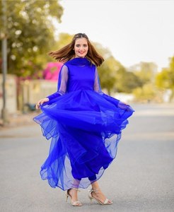 Robe longue de soirée Anarkali bleue, infroissable, en acrylique, tenue de fête pour femme - Product Image 4