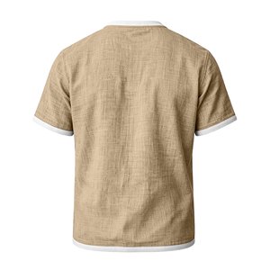 Camiseta de Hombre de Lino y Algodón de Color Sólido, Manga Corta, Ligera, Transpirable, Cuello Redondo, con Bolsillo en el Pecho y Ribete en Contraste, Corte Casual - Product Image 2