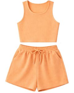Ensemble décontracté deux pièces pour femme : débardeur court côtelé et short à cordon de serrage, couleur unie pêche-orange, fabrication OEM - Product Image 1