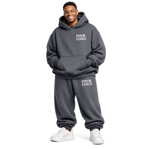 Men's Oversized Hooded Tracksuit Set Solid Gray Cotton <b>Joggers</b> with Front Logo Print Casual Autumn Wear Full Length Loose Fit - Product Image 1