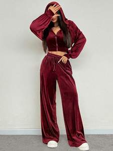 Signature Women's Luxury Athleisure <b>Velour</b> Hoodies and Wide Leg <b>Trouser</b> Set Custom Cropped Hooded Fashion Tracksuit Autumn OEM - Product Image 5