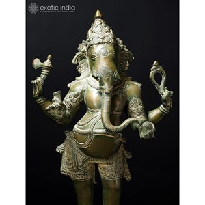 รูปปั้นพระพิฆเนศชัตุรบุจจาทองเหลืองยืนสูง 19 นิ้ว - Product Image 3