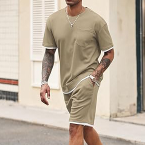 Conjunto de Camiseta de Manga Corta con Cuello Redondo y Pantalones Cortos para Hombre, Color Verde Oliva, Transpirable, con Ribete en Contraste, Ropa Informal de Verano - Product Image 4