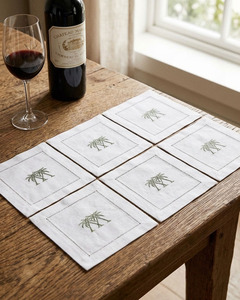 Serviette de cocktail carrée personnalisée en coton brodé motif palmier 6x6 po, durable, réutilisable, avec ourlet festonné, pour la maison, les bars et les événements - Product Image 1