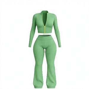 Conjunto Deportivo de Invierno para Mujer, Tallas Grandes, con Logotipo Personalizado, Chaqueta con Cierre Completo, Pantalones Acampanados, 2 Piezas, Forro Polar, Transpirable - Product Image 2