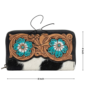 Wester Turquoise-White Floral Genuine Cowhide Zip <b>Wallet</b> Handmade Tooled Leather Long Purse for Women Card Cash <b>Holder</b> - Product Image 3