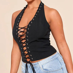 Lightweight Breathable Shapewear For Daily Wear Women's PU Leather Black Corset Top Halter Neck Lace-<b>Up</b> Front Hollow Out Design - Product Image 3